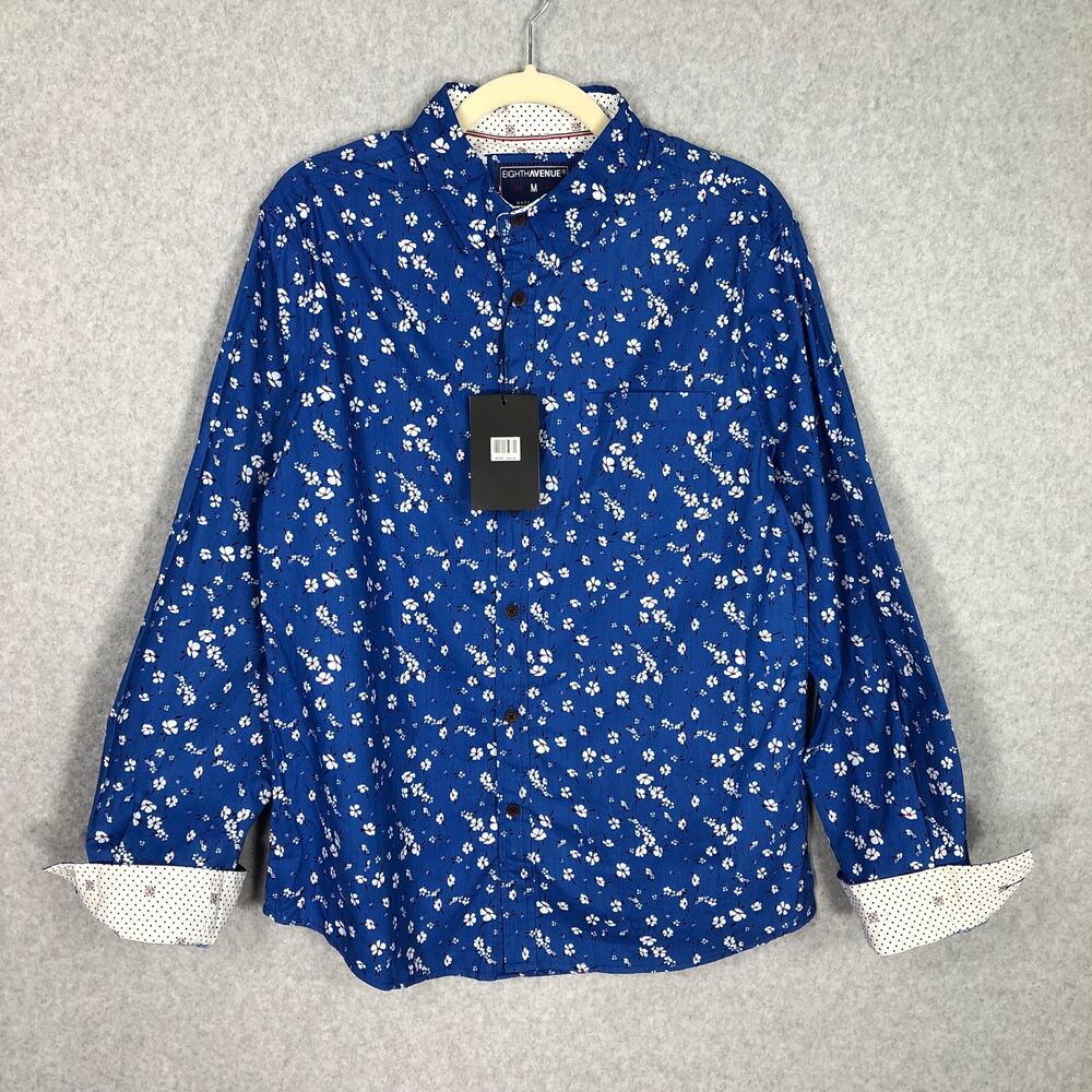 NEW Eighth Avenue Blue Floral Button Down Shirt Mens Medium Cotton Flip Cuff - Picture 1 of 12